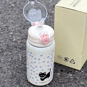 Stainless steel vacuum insulated water bottle featuring cute cat pattern and straw lid.