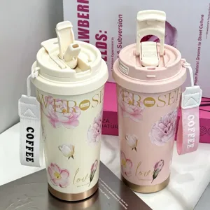 Floral straw coffee tumbler double wall stainless steel insulated travel mug for women new