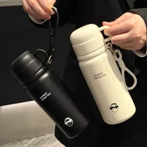 Stainless steel insulated water bottle dual drink portable vacuum cup with carry strap white