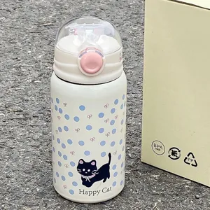 Cute stainless steel thermos cup with cute black cat pattern and large capacity straw bottle