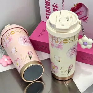 Floral stainless steel insulated tumbler coffee mug with floral pendant and gift box.