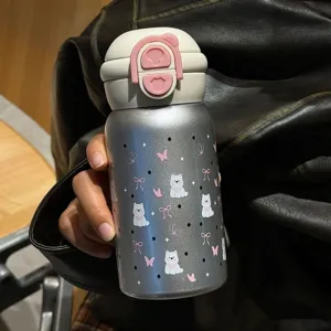 Cute stainless steel thermos bottle with straw, lovely pink insulated cup for daily use.