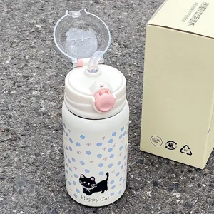 Stainless steel thermos water bottle detail with cute black cat and polka dots design.