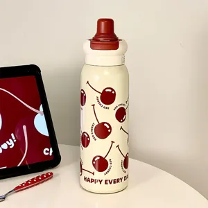 Bonita botella térmica de acero inoxidable con estampado de cerezas y pajita para estudiantes.