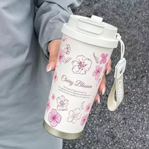 Tragbarer Edelstahl Thermobecher Kaffeetasse mit Kirschblüten Motiv und Trageschlaufe