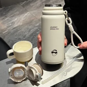 Stainless steel insulated water bottle with straw double drinking portable cup for students.