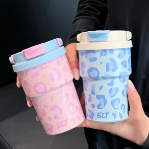 Termo Portátil de Acero Inoxidable 304 Lindo Estampado de Leopardo Taza de Café Termo con Paja Botella de Agua