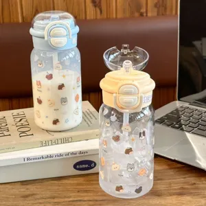 Cute plastic water bottle with straw and double lids, portable cup for girls and students.