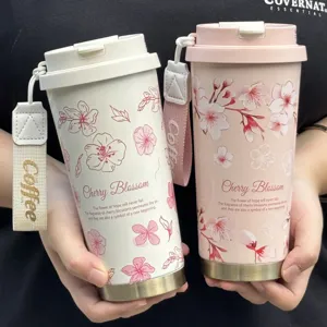 Tragbarer Edelstahl Isolierbecher Kaffeetasse mit Kirschblütenmuster und Tragegurt