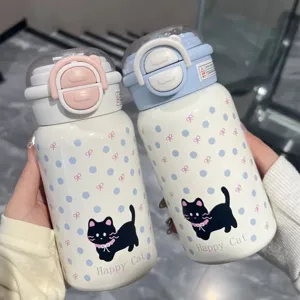 Taza Térmica de Acero Inoxidable 304 Con Paja Doble Bebida Taza de Vacío Gato Lindo Botella de Agua Portátil Estudiante