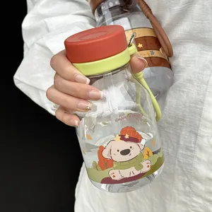 Clear plastic straw water bottle with cute puppy print, portable strap for kids and students.
