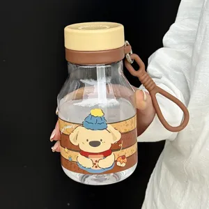 Cute cartoon straw water bottle portable student plastic cup with dog design and strap