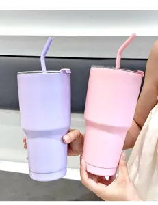 Μεγάλο ανοξείδωτο θερμός κύπελλο 30oz με πρακτικό καλαμάκι και καπάκι για ροφήματα