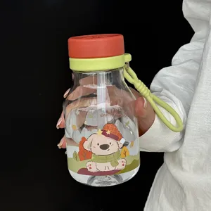 Cute cartoon straw water bottle with strap portable plastic cup for kids and students outdoor use