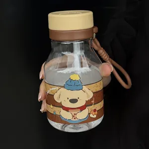 Portable cute cartoon straw water bottle with strap for kids and students, clear cup.