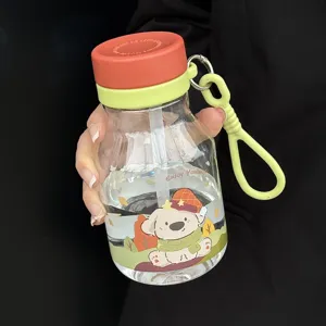 Cute cartoon dog print straw water bottle detail view, portable design with handy lanyard.