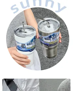 Stainless steel tumbler 30oz insulated travel mug with straw and lid for cold drinks.
