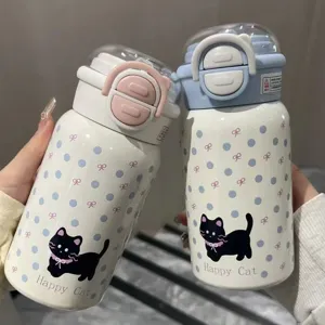 Bonita botella de agua térmica de acero inoxidable con pajita para niñas y estudiantes.