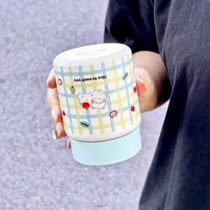 Piccola tazza termica portatile in acciaio inossidabile 304 con motivo a quadri e gatto carino.