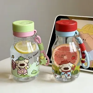 Cute dual-drink straw water bottle for students, portable summer plastic cup with strap.