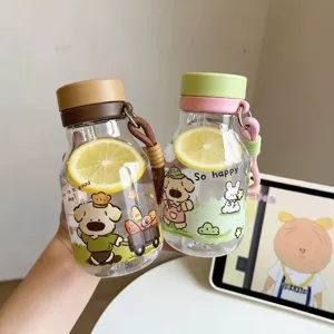 Cute student plastic water bottle with straw and cute cartoon animal design for summer girls.