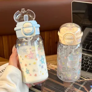 Cute plastic straw water bottle with colorful star pattern, portable design for kids and students.