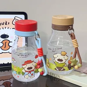 Cute cartoon dog plastic water bottle with strap for students girls summer outdoor portable use