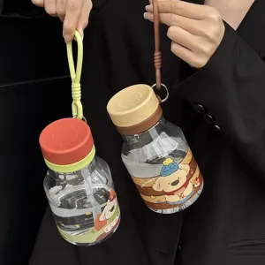 Cute portable cartoon water bottle with silicone strap for children and students use