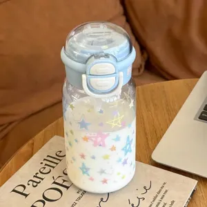 Cute plastic straw water bottle for students, ins style clear tumbler with stars.