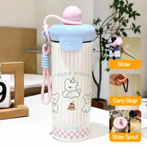 Cute cartoon stainless steel insulated water bottle 600ml with straw and portable strap for outdoor use.