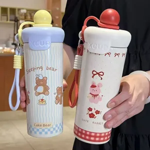 Cute Cartoon Stainless Steel Thermos Cup Portable Outdoor Vacuum Flask With Straw And Lanyard Coffee Bottle