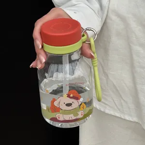 Portable cute cartoon straw water bottle with strap for kids and students, clear.