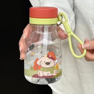 Cute cartoon puppy patterned transparent straw water bottle detail, portable strap design.