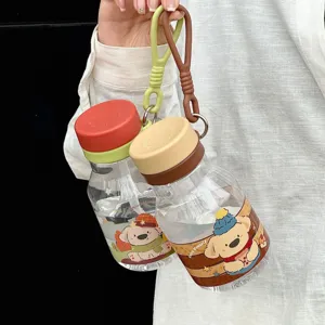 Cute cartoon portable straw water cup with silicone lanyard for kids and students daily use