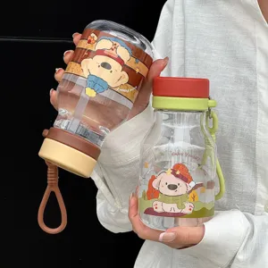 Cute cartoon straw water cup with portable lanyard, clear bottle for kids students daily use.
