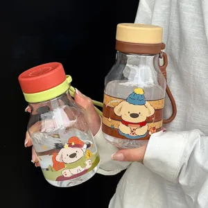 Portable cute cartoon straw water bottle for children and students with handy lanyard.