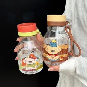 Cute cartoon transparent water bottle with straw and lanyard, portable student cup detail.