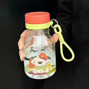 Cute cartoon straw water bottle with portable strap, clear plastic cup for kids and students.