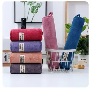 Detaillierte Ansicht dicker Korallenfleece-Handtücher mit Schlaufen und Farben für den Haushalt.