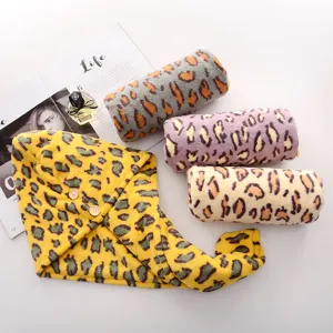 Coral fleece leopard print dry hair cap, super absorbent quick drying thick shower towel.