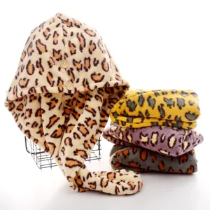 Coral fleece leopard print quick drying hair cap super absorbent thick double layer towel