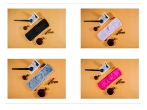 Morbida fascia per trucco in peluche in quattro colori con accessori cosmetici per la pulizia.