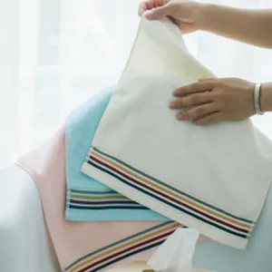 Soft cotton face towel detail shot showing clean texture, premium striped border design.