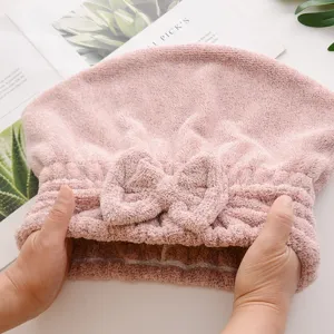Gorro de secado rosa con lazo, toalla de microfibra suave y absorbente para mujeres.