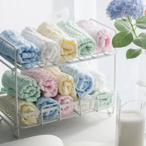Toallas faciales de gasa de algodón puro, paños de bebé absorbentes suaves de 6 capas, coloridas.
