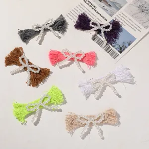 Colorful fabric bow hair clips with imitation pearls, handmade DIY fringe hair accessories set.