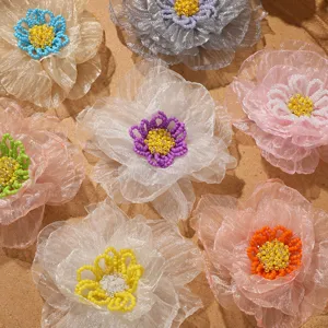 Detailed view of colorful organza beaded flower DIY accessories, exquisite fabric appliques.