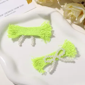 Green woven fabric hair bow clips with faux pearls handmade hair accessories for women.