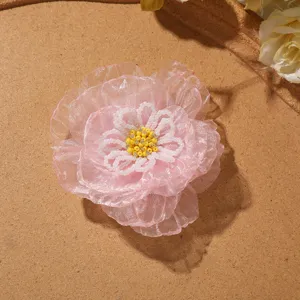 Pink organza beaded flower DIY hair accessory wedding dress clothing decoration corsage craft