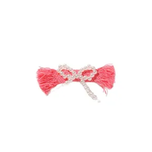 Pink fabric pearl bow DIY hair accessory shoe clip main view with fringed edge and pearls.